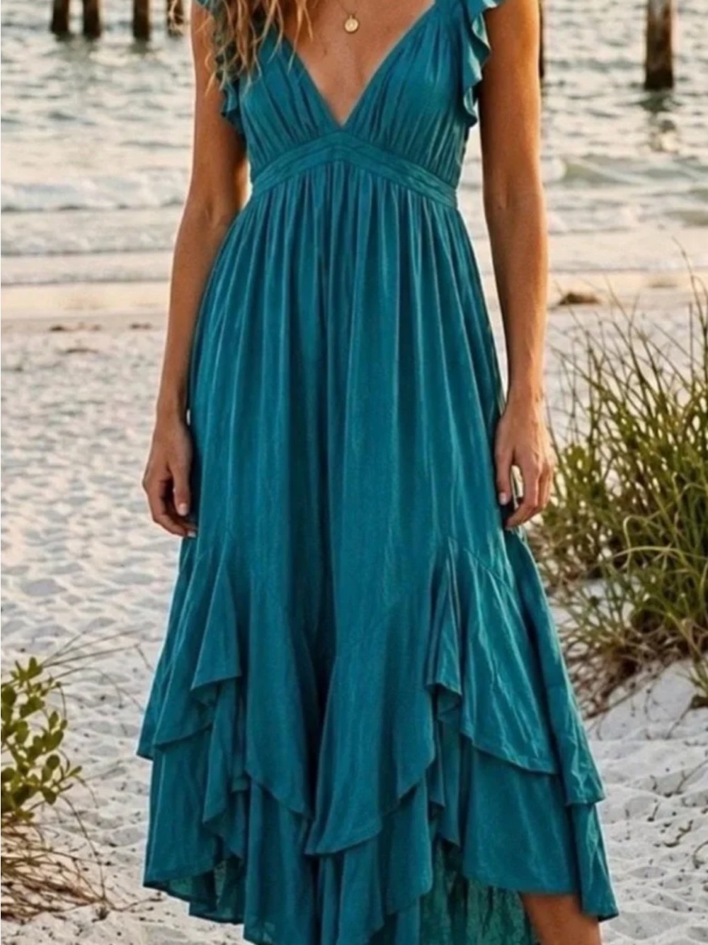 Free People love on a hanger Teal Ruffle-Tier Maxi Dress